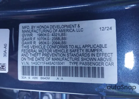 2025 Honda Accord Se z USA, uszkodzony, nr VIN 1HGCY1F44SA015041